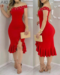 Women Sexy Shiny Rhinestone Embellished Off Shoulder Bodycon Dress BENNYS 