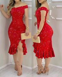 Women Sexy Shiny Rhinestone Embellished Off Shoulder Bodycon Dress BENNYS 