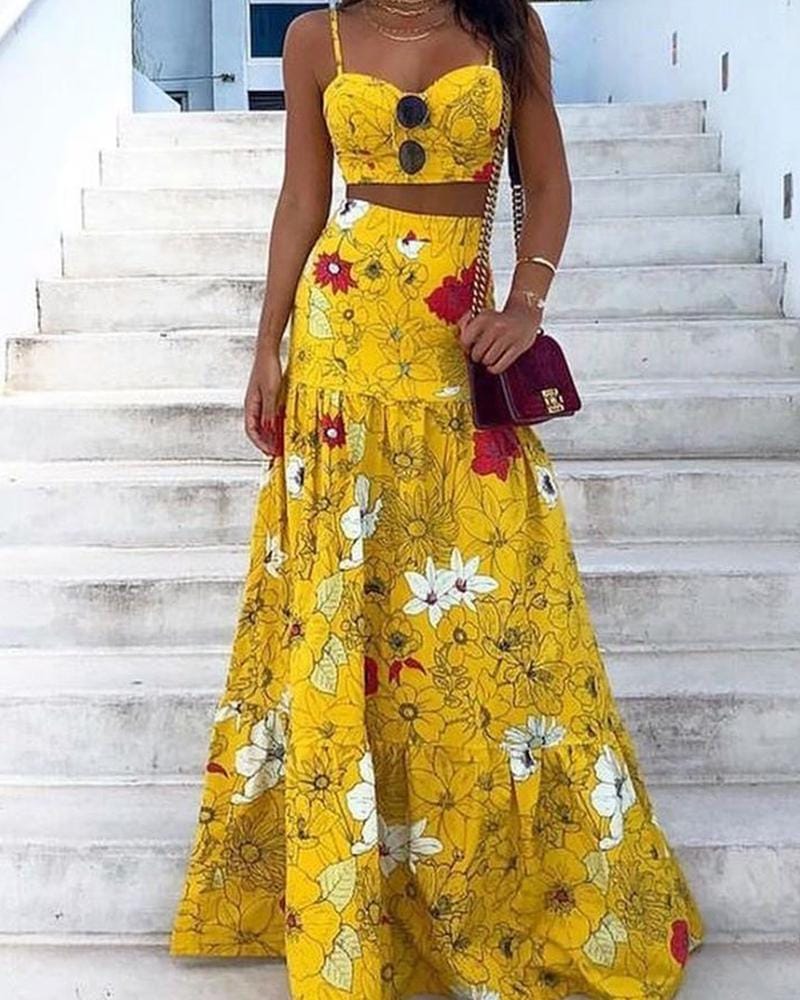 Women Sexy Two Piece set Party Dress Floral Print Two-Piece Maxi Dress BENNYS 