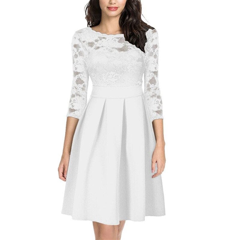 Women Sheer Lace Vintage Ruffle Hem Knee-Length Elegant Ladies Dresses BENNYS 