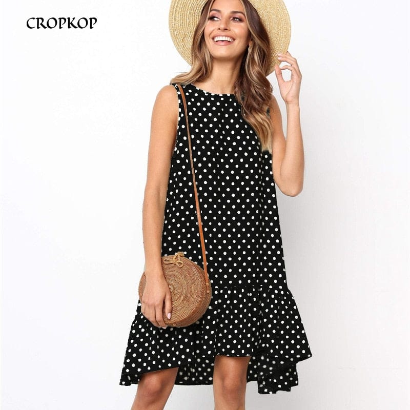 Women Summer Dress Ruffles Polka Dot Sleeveless Mini Dresses Plus Size Casual Loose Black Beach Sundress 2022 Women Clothes BENNYS 