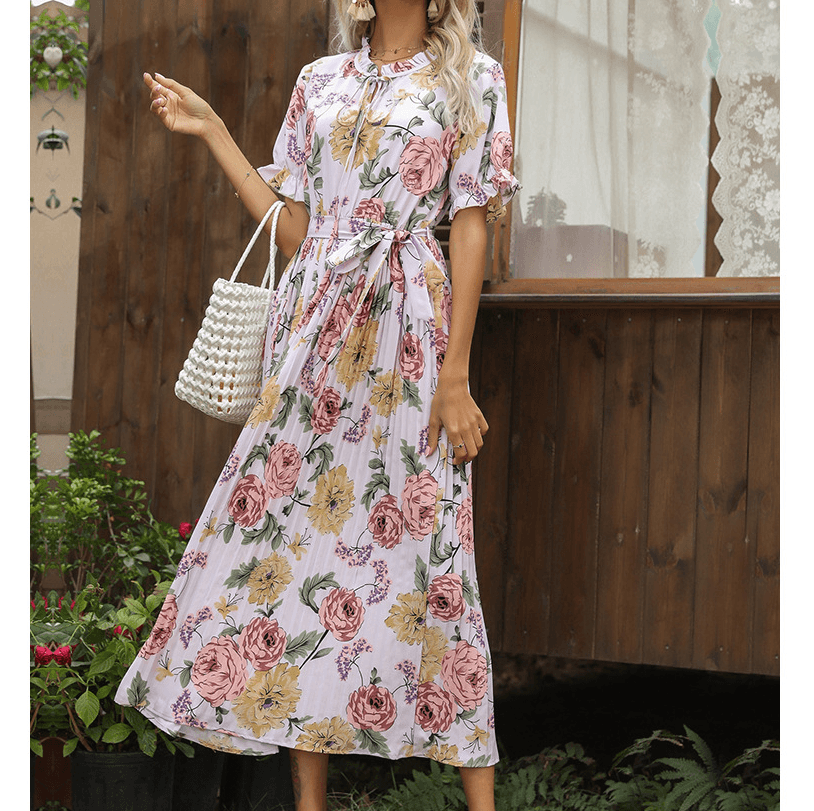 Women Summer Elegant Floral Pleated Dresses BENNYS 