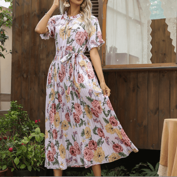 Women Summer Elegant Floral Pleated Dresses BENNYS 