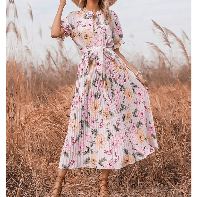 Women Summer Elegant Floral Pleated Dresses BENNYS 