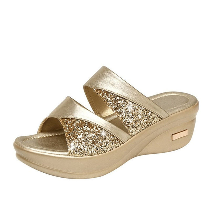 Women Summer Slippers Ladies Glitter PU Wedges Shoes BENNYS 