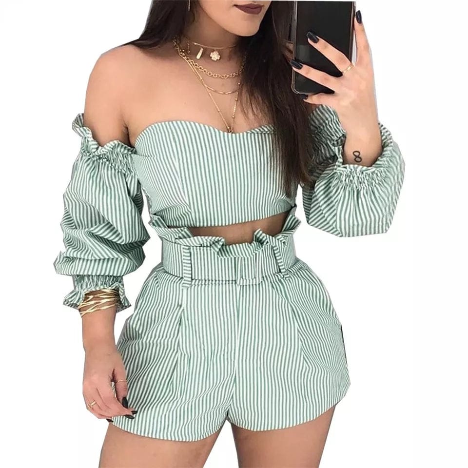 Women Two Piece Striped Suits Long Sleeve Off Shoulder Crop Top BENNYS 