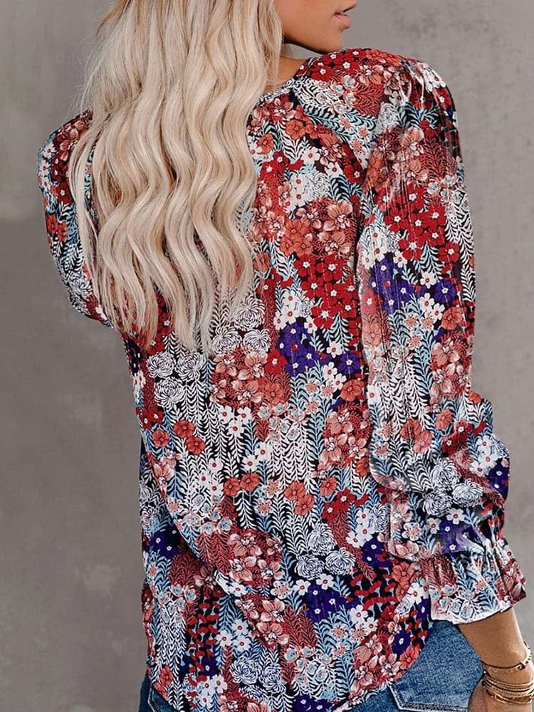 Women Vintage Floral Print Blouse Fashion V Neck Long Sleeve Chic Blouses BENNYS 