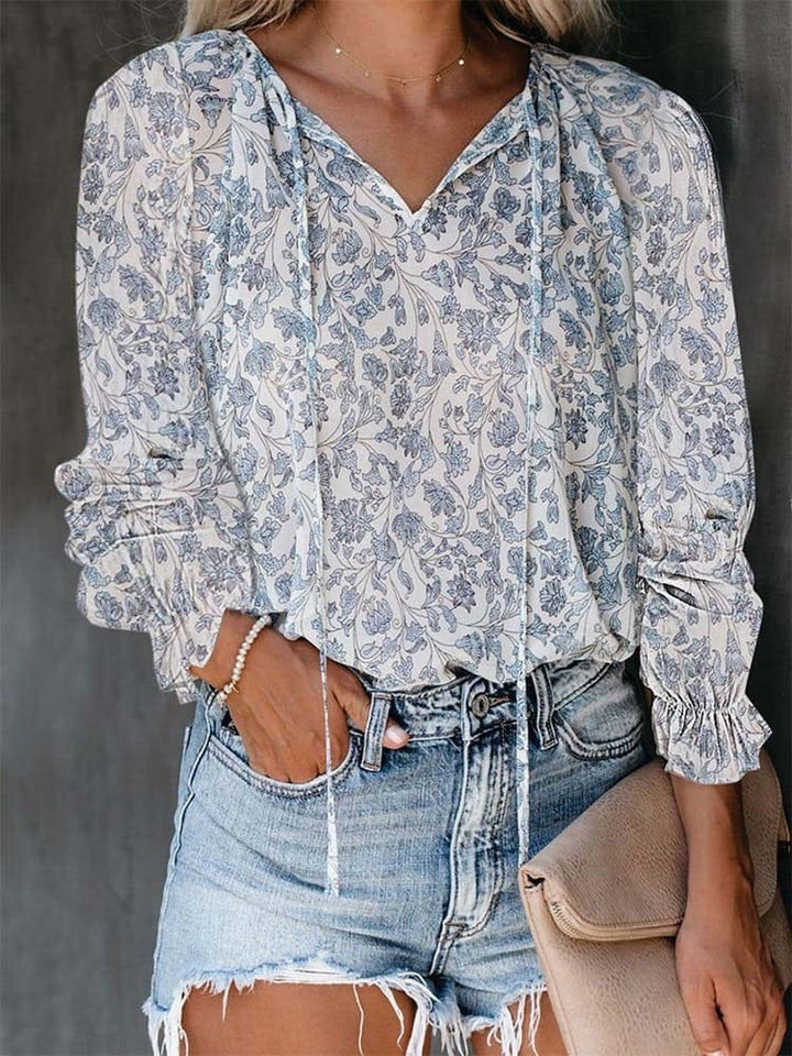 Women Vintage Floral Print Blouse Fashion V Neck Long Sleeve Chic Blouses BENNYS 