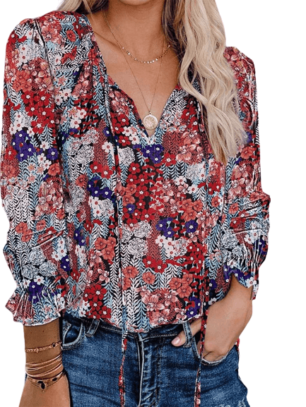 Women Vintage Floral Print Blouse Fashion V Neck Long Sleeve Chic Blouses BENNYS 