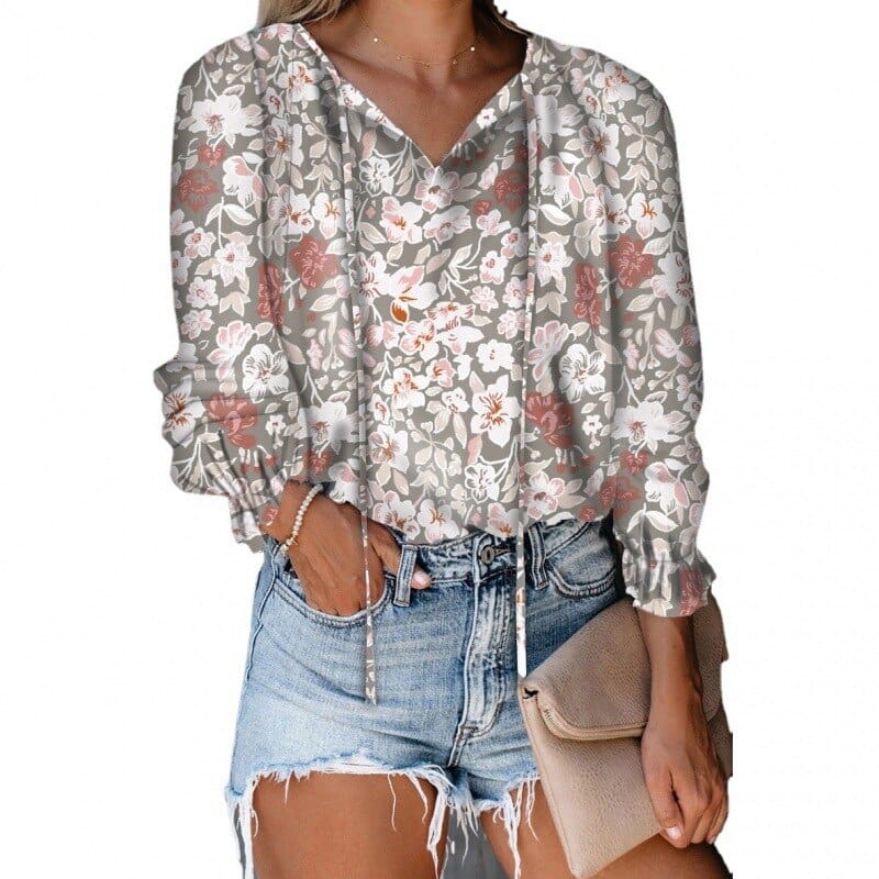 Women Vintage Floral Print Blouse Fashion V Neck Long Sleeve Chic Blouses BENNYS 