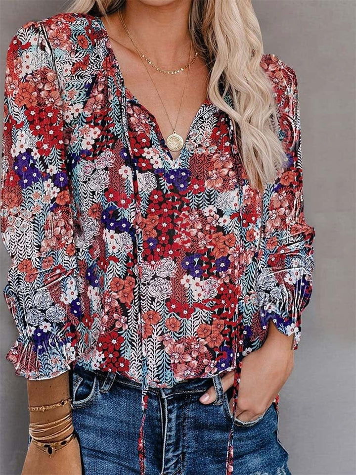 Women Vintage Floral Print Blouse Fashion V Neck Long Sleeve Chic Blouses BENNYS 