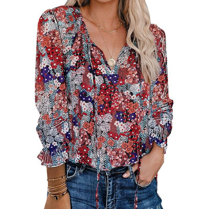 Women Vintage Floral Print Blouse Fashion V Neck Long Sleeve Chic Blouses BENNYS 