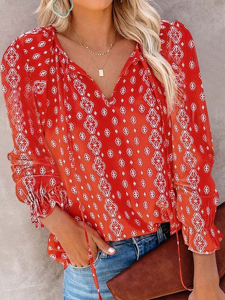 Women Vintage Floral Print Blouse Fashion V Neck Long Sleeve Chic Blouses BENNYS 