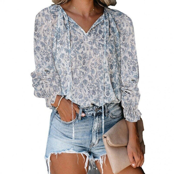 Women Vintage Floral Print Blouse Fashion V Neck Long Sleeve Chic Blouses BENNYS 