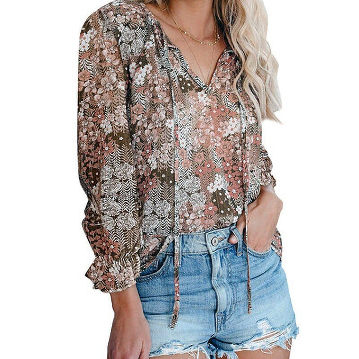 Women Vintage Floral Print Blouse Fashion V Neck Long Sleeve Chic Blouses BENNYS 