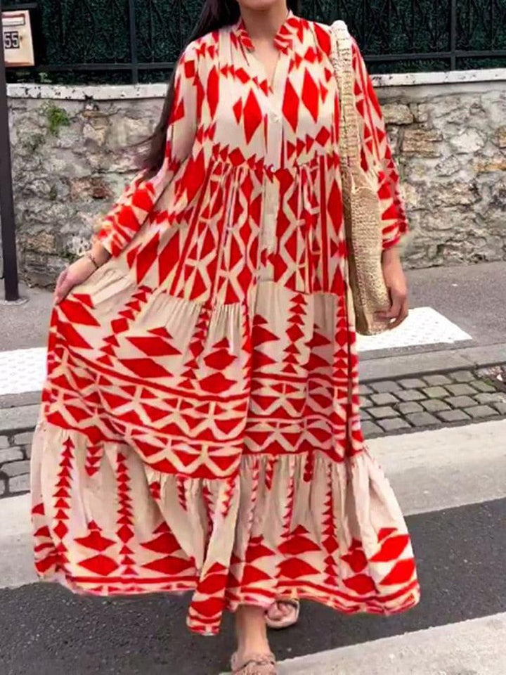 Women Vintage Print Maxi Dresses 2023 Summer V-Neck Long Sleeve Dress BENNYS 