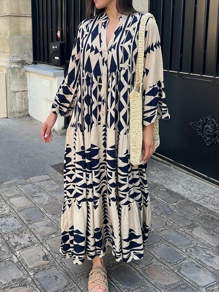 Women Vintage Print Maxi Dresses 2023 Summer V-Neck Long Sleeve Dress BENNYS 