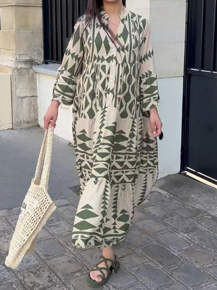 Women Vintage Print Maxi Dresses 2023 Summer V-Neck Long Sleeve Dress BENNYS 