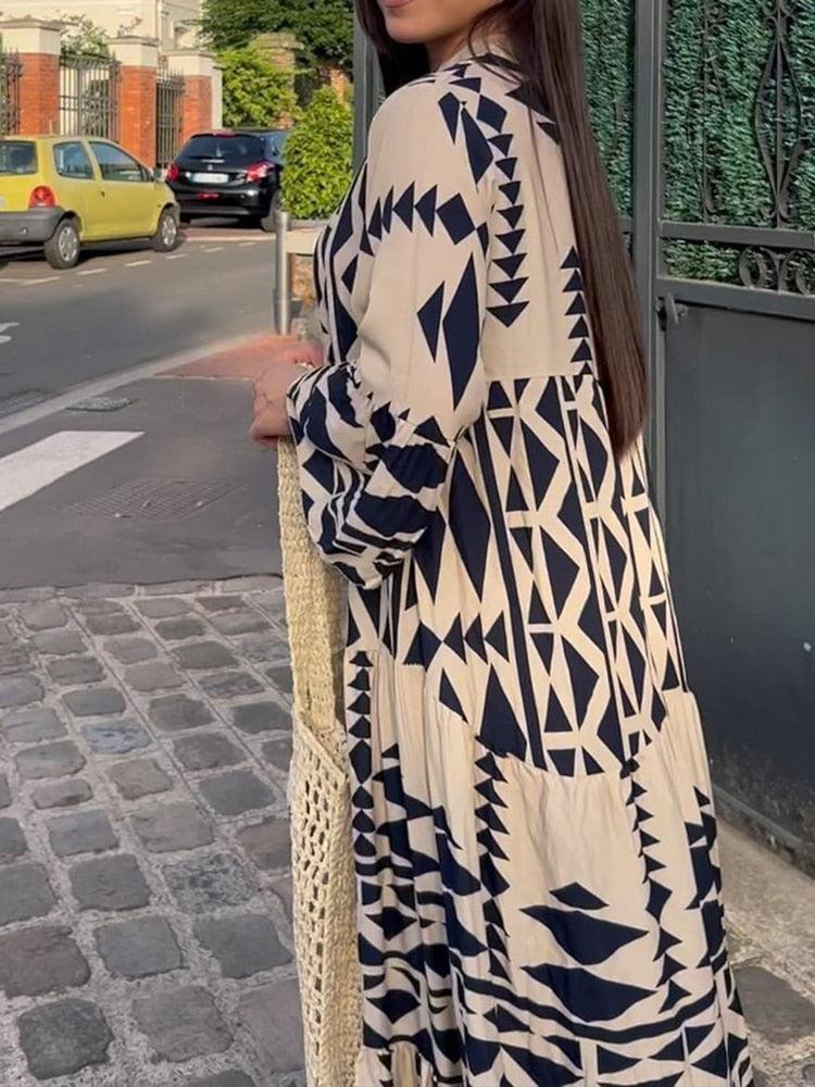 Women Vintage Print Maxi Dresses 2023 Summer V-Neck Long Sleeve Dress BENNYS 