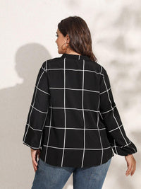 Women's Blouse Fashion V-neck Grid Print Lantern Sleeve Blouse BENNYS 