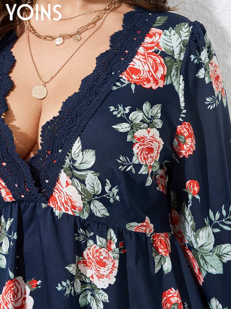 Women's Blouses Fashion Lace Trim Floral Print Plus Size Tops