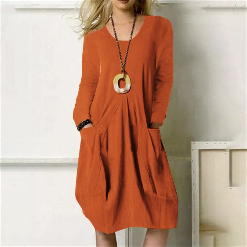 Women's Cotton Linen Loose Casual Solid Color Pocket Dress BENNYS 