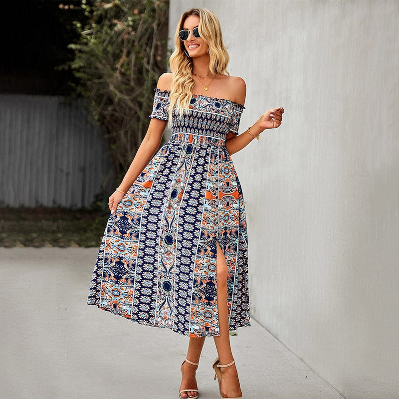 Women's Dress Boho Floral Print Off Shoulder Split Long A Line Dress BENNYS 