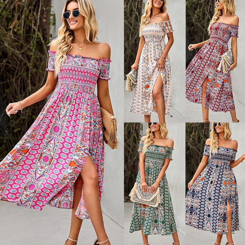 Women's Dress Boho Floral Print Off Shoulder Split Long A Line Dress BENNYS 