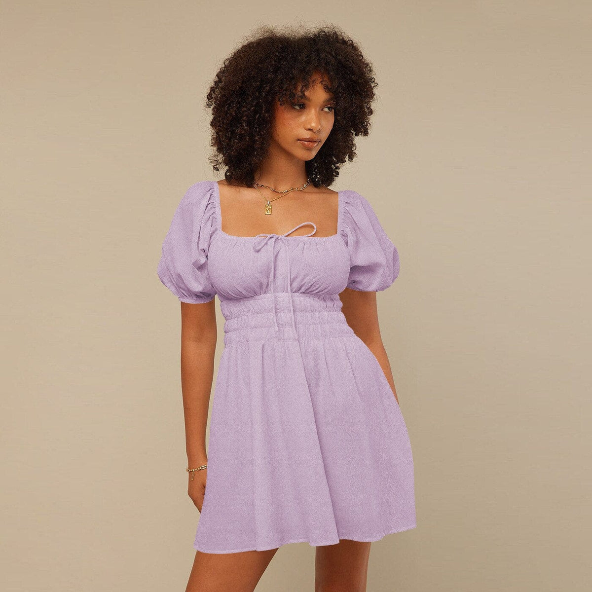 Women's Dress Puff Sleeve Mini Dresses Solid Color Sweaty A-line Dresses BENNYS 
