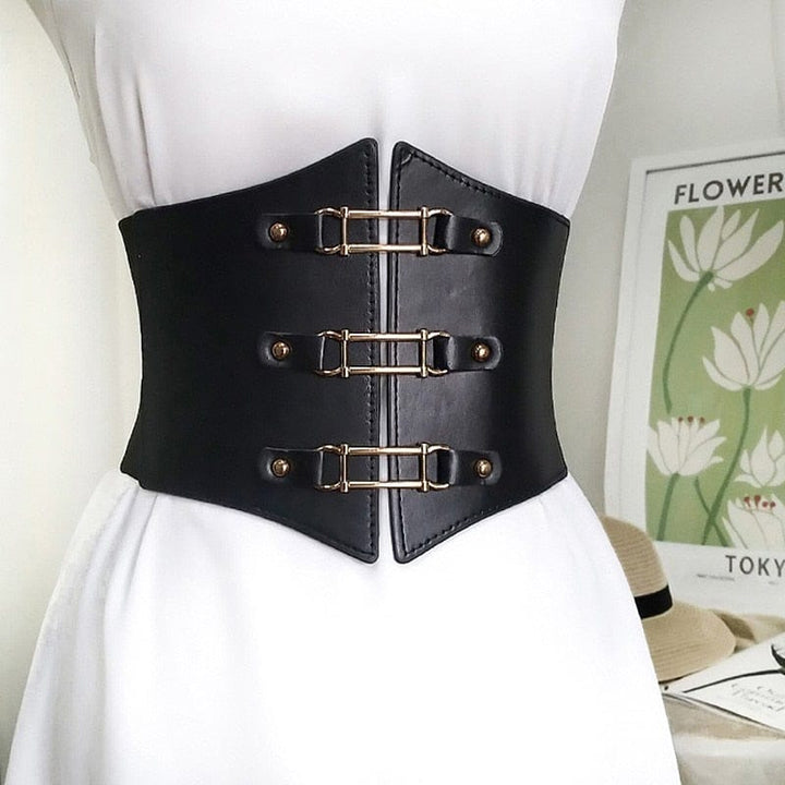 Women's Elastic Nylon Corset Belts Black PU Leather Belt BENNYS 