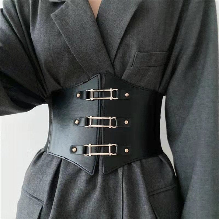 Women's Elastic Nylon Corset Belts Black PU Leather Belt BENNYS 