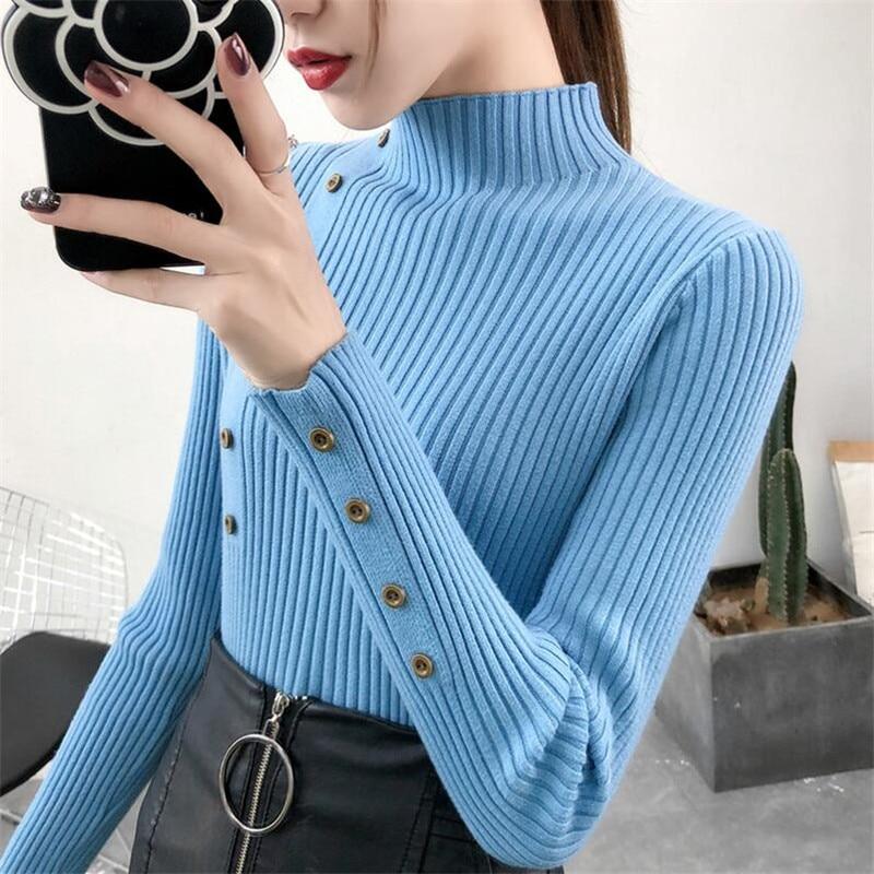Women's Fall Knitted Sweater Solid Knitted Female Cotton Soft Elastic Color Pullovers Button Full Sleeve Turtleneck BENNYS 