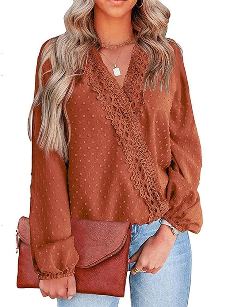 Women's Fashion Lace Patchwork V Neck Long Sleeve Casual Chiffon Blouse BENNYS 