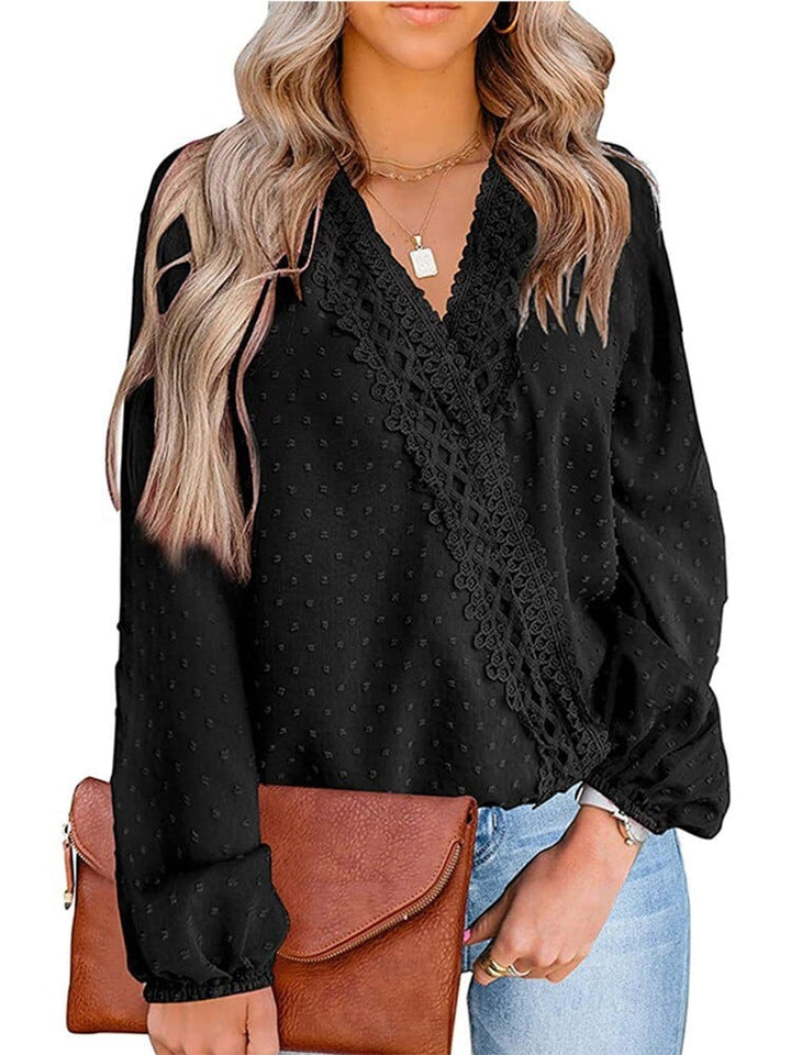 Women's Fashion Lace Patchwork V Neck Long Sleeve Casual Chiffon Blouse BENNYS 