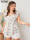 Women's Fashion Ruffle Sleeve Floral Print V-neck  Casual Tops BENNYS 