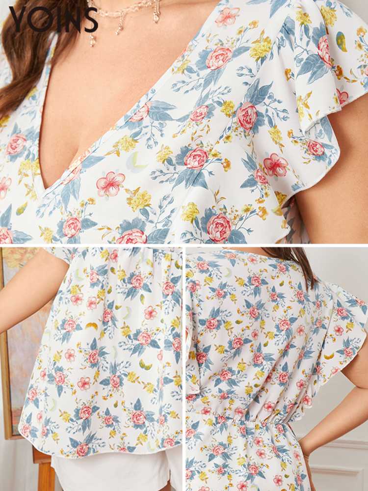 Women's Fashion Ruffle Sleeve Floral Print V-neck  Casual Tops BENNYS 