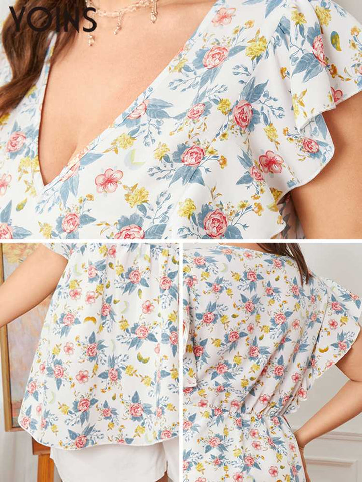 Women's Fashion Ruffle Sleeve Floral Print V-neck  Casual Tops BENNYS 