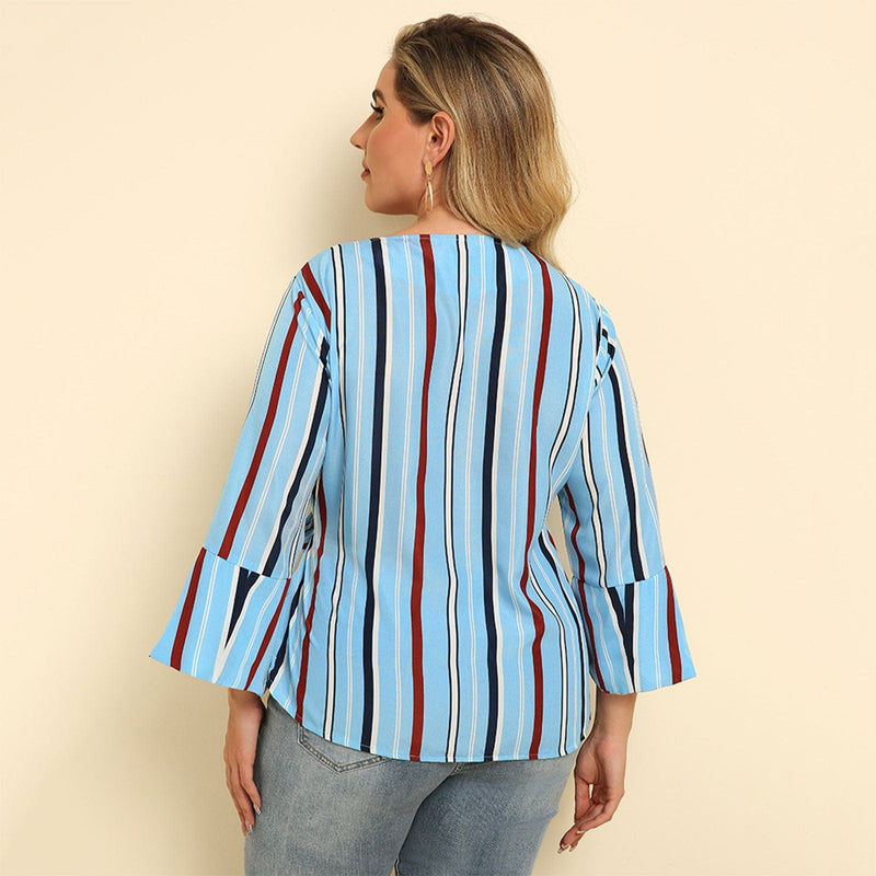 Women's Fashion Striped Shirt Plus Size V Neck Blouse BENNYS 