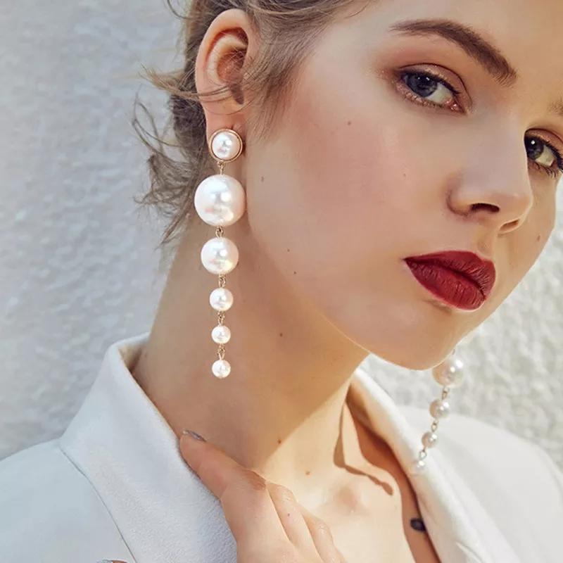 Women's Faux Pearl Stud Fashion Long Statement Earrings BENNYS 