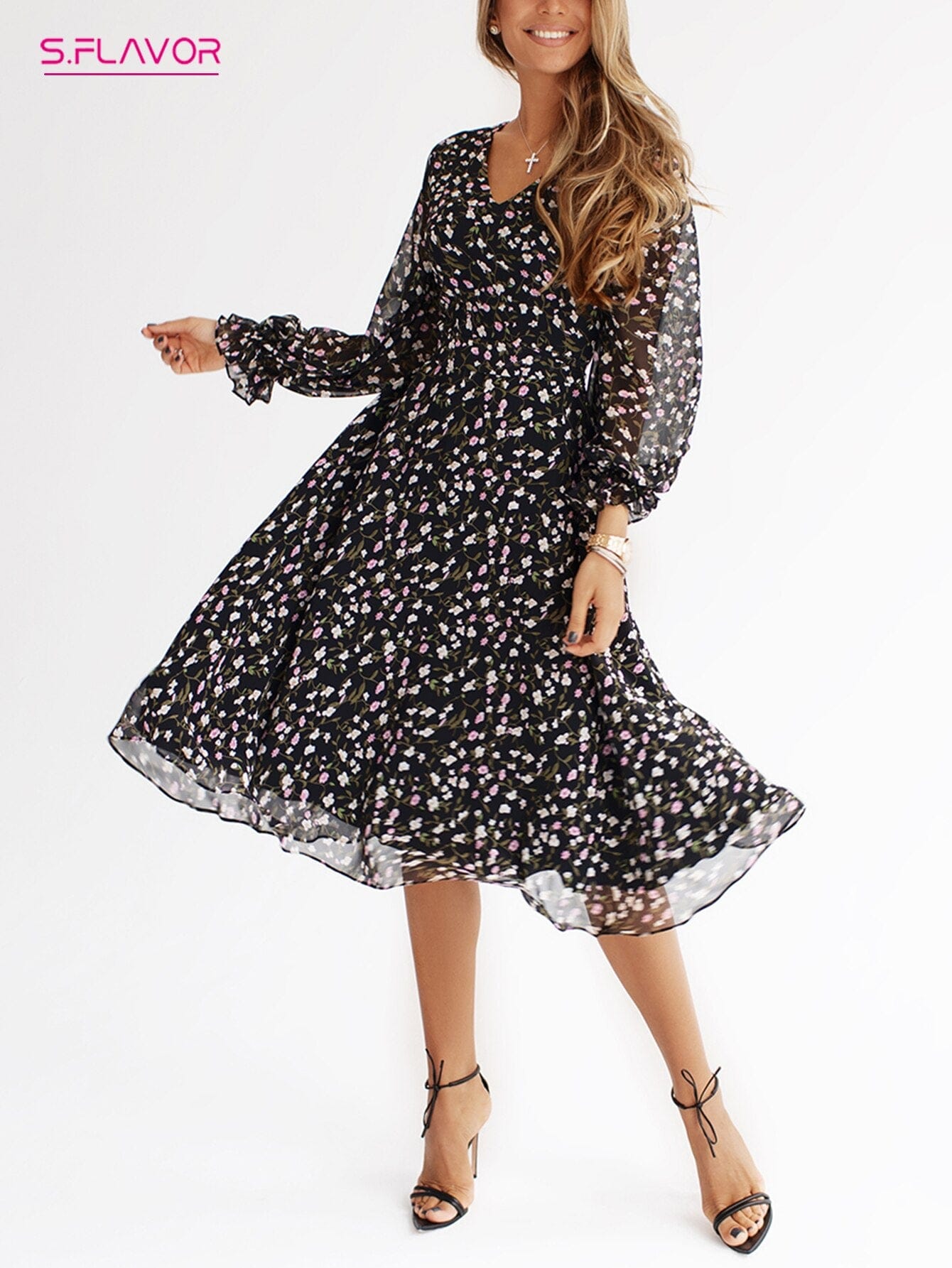 Women's Flower Print Chiffon Dress Boho Summer Long Sleeve Party Dress