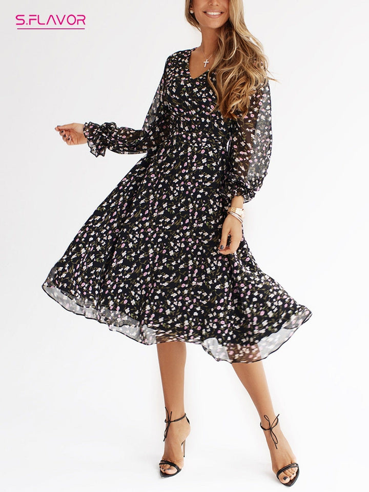 Women's Flower Print Chiffon Dress Boho Summer Long Sleeve Party Dress BENNYS 