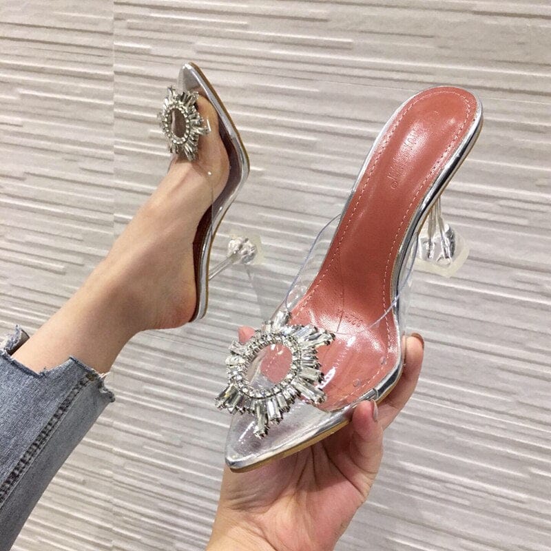 Women's  Luxury Elegant Pointed Toe Rhinestones High Heels Transparent Shoes BENNYS 