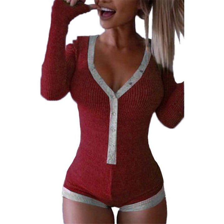 Women's New Sexy Body Lady V Neck Long Sleeve Body-con Cotton Bodysuits BENNYS 