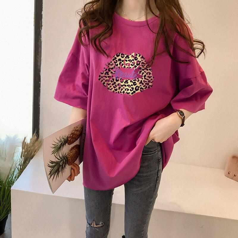 Women's Plus Size Summer Leopard Lips Print Short Sleeve O Neck  T-shirt BENNYS 