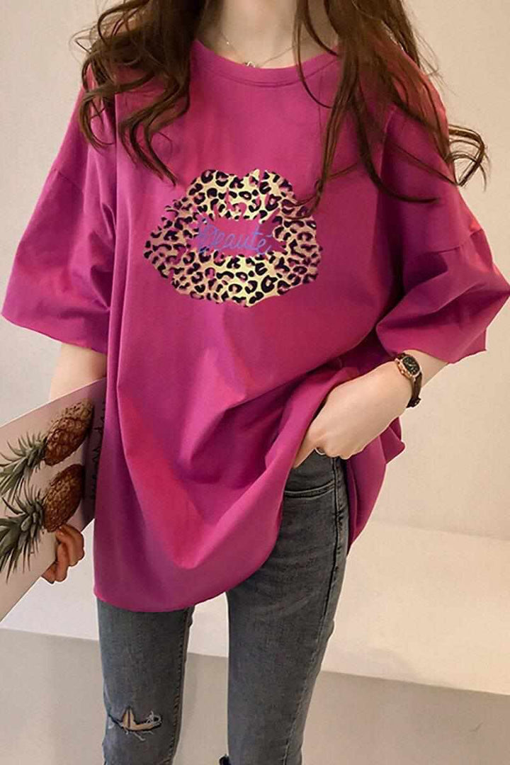 Women's Plus Size Summer Leopard Lips Print Short Sleeve O Neck  T-shirt BENNYS 