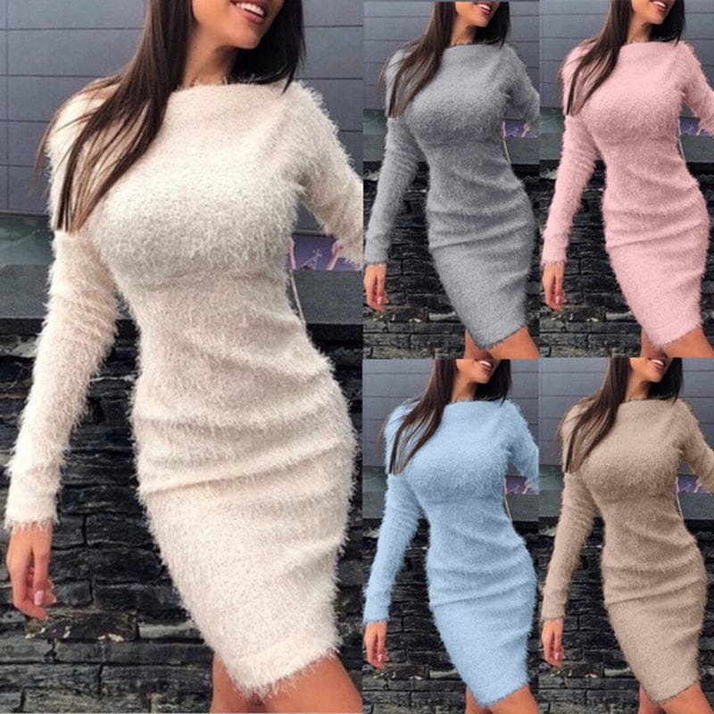 Women's Plush Dress Ladies Slim Long Sleeve Dress BENNYS 