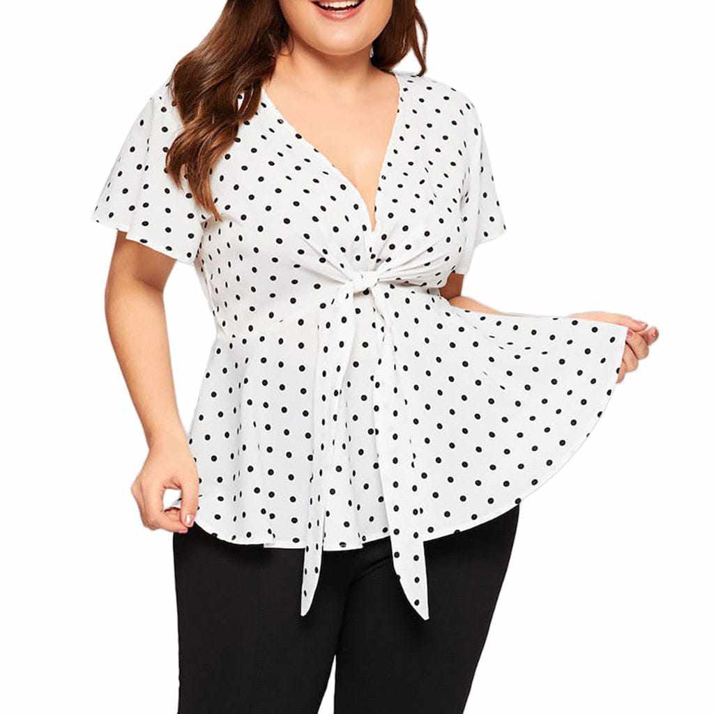 Women's Polka Dot Knot Front Blouse. Plus Size V Neck Short Sleeve Top BENNYS 