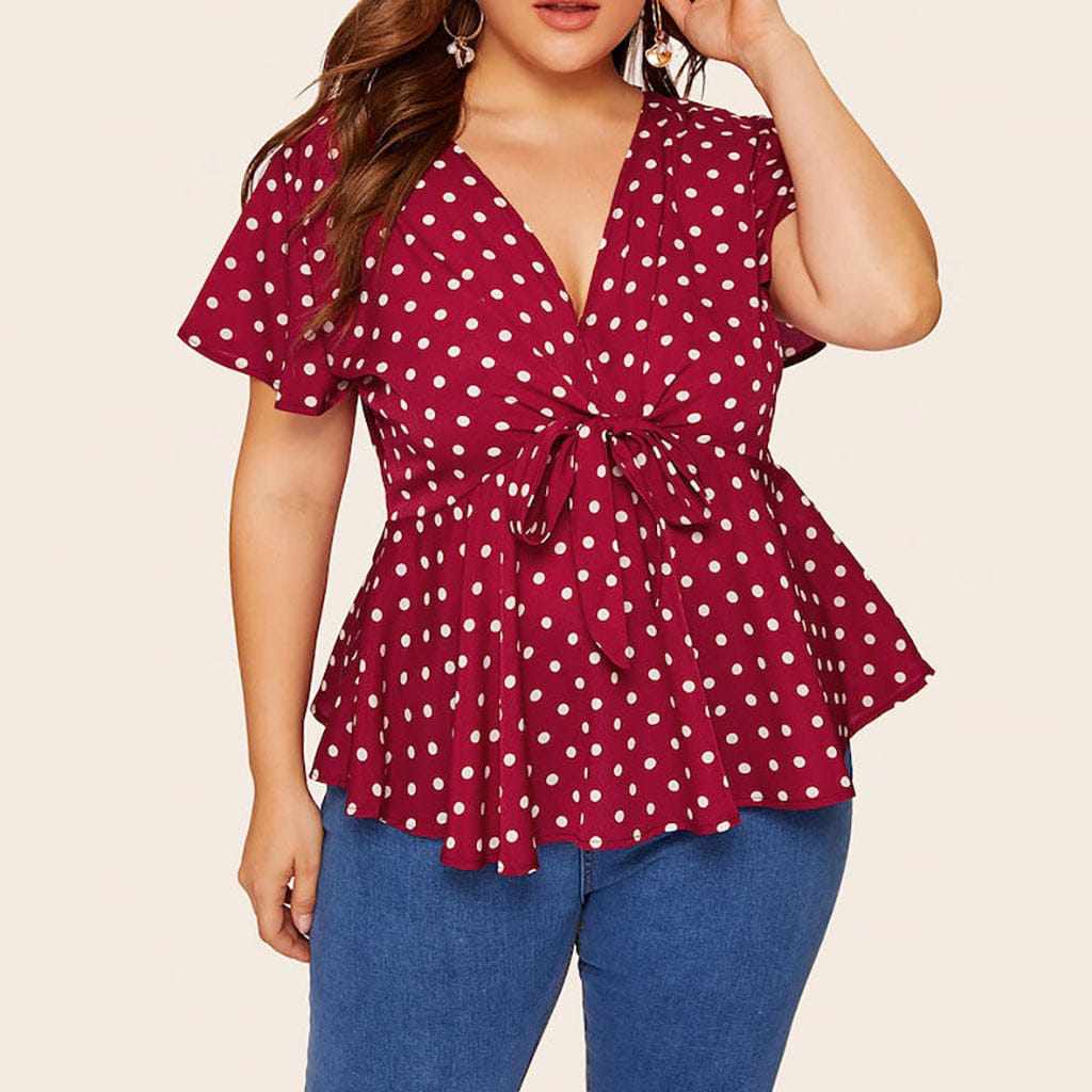 Women's Polka Dot Knot Front Blouse. Plus Size V Neck Short Sleeve Top BENNYS 