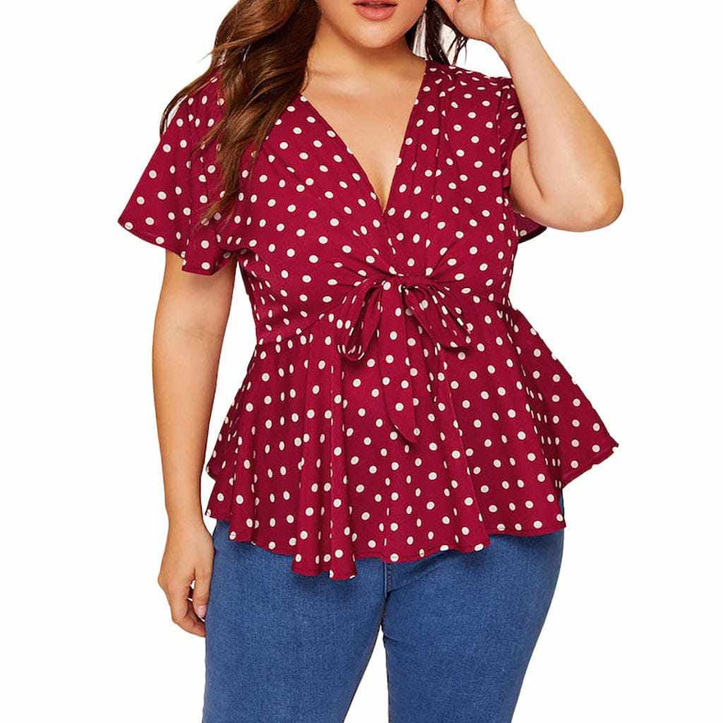 Women's Polka Dot Knot Front Blouse. Plus Size V Neck Short Sleeve Top BENNYS 