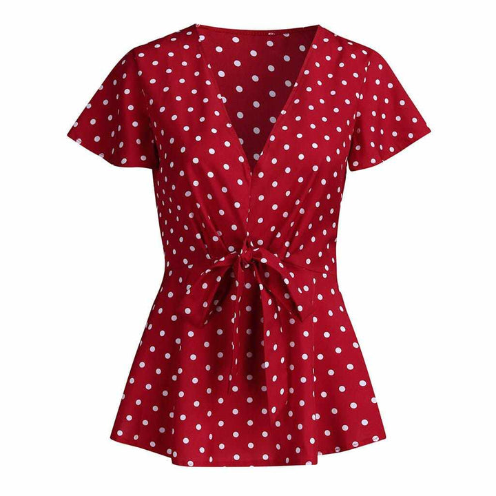 Women's Polka Dot Knot Front Blouse. Plus Size V Neck Short Sleeve Top BENNYS 